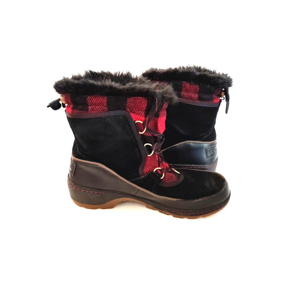 Sorel Women 8.5 Slimpack II Black Suede Red Plaid Fur Lined Waterproof Duck Boot
